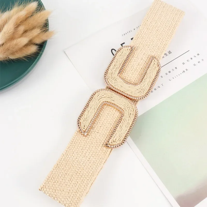 Fashion Stretch Alloy Buckle PP Grass Braided Belt All-match Elastic Waist Seal Multicolor Decorative Dress Belt for Women