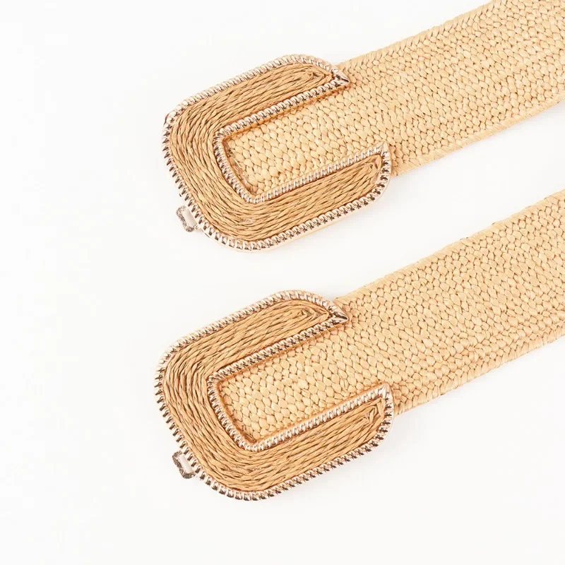 Fashion Stretch Alloy Buckle PP Grass Braided Belt All-match Elastic Waist Seal Multicolor Decorative Dress Belt for Women