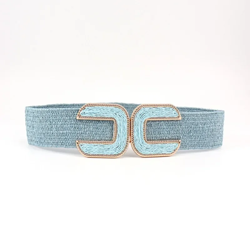 Fashion Stretch Alloy Buckle PP Grass Braided Belt All-match Elastic Waist Seal Multicolor Decorative Dress Belt for Women