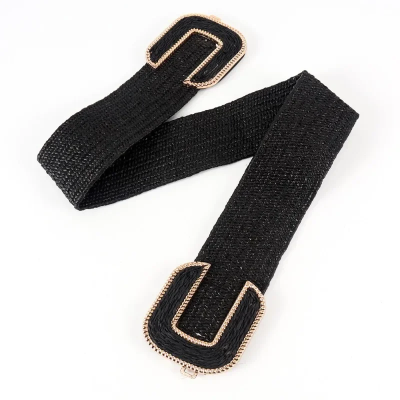 Fashion Stretch Alloy Buckle PP Grass Braided Belt All-match Elastic Waist Seal Multicolor Decorative Dress Belt for Women