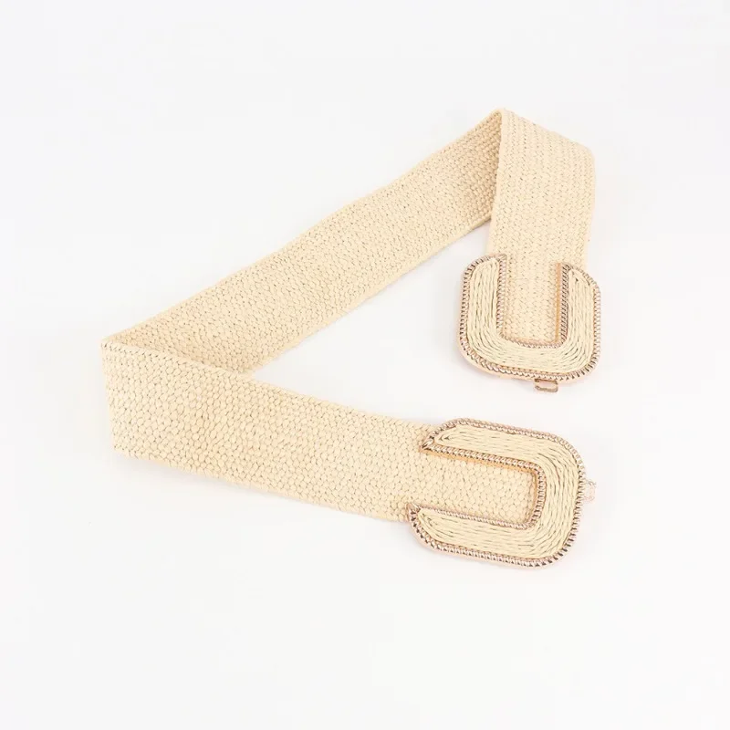 Fashion Stretch Alloy Buckle PP Grass Braided Belt All-match Elastic Waist Seal Multicolor Decorative Dress Belt for Women
