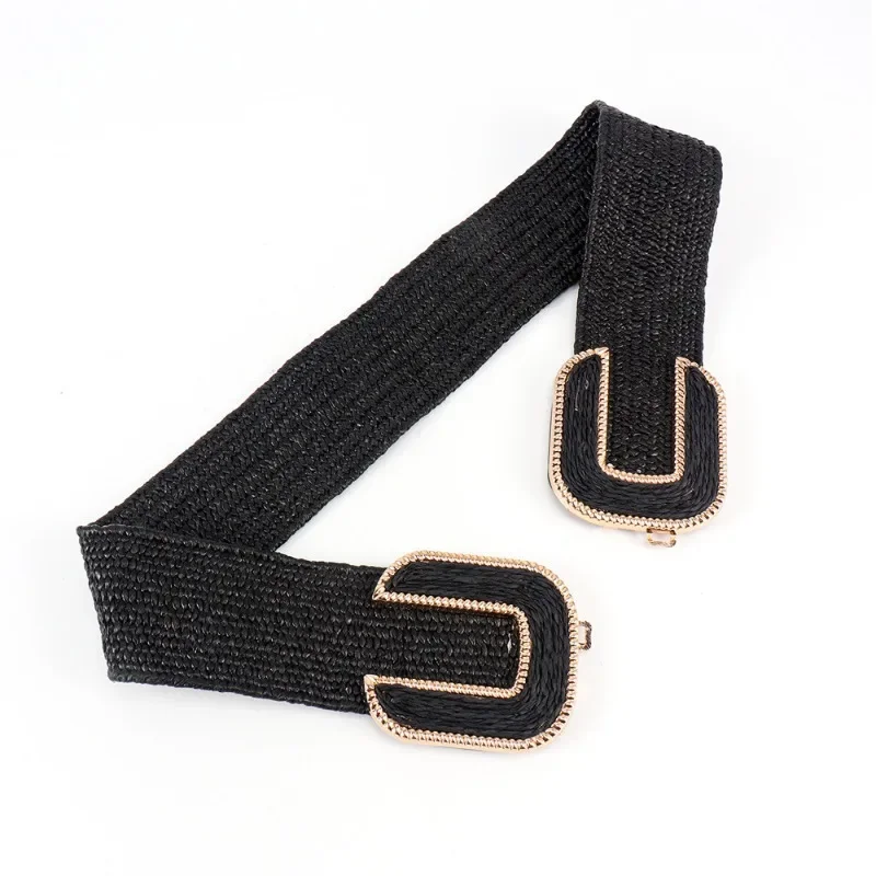 Fashion Stretch Alloy Buckle PP Grass Braided Belt All-match Elastic Waist Seal Multicolor Decorative Dress Belt for Women