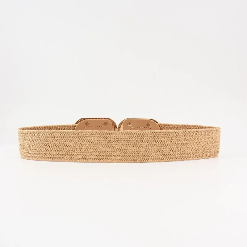 Fashion Stretch Alloy Buckle PP Grass Braided Belt All-match Elastic Waist Seal Multicolor Decorative Dress Belt for Women
