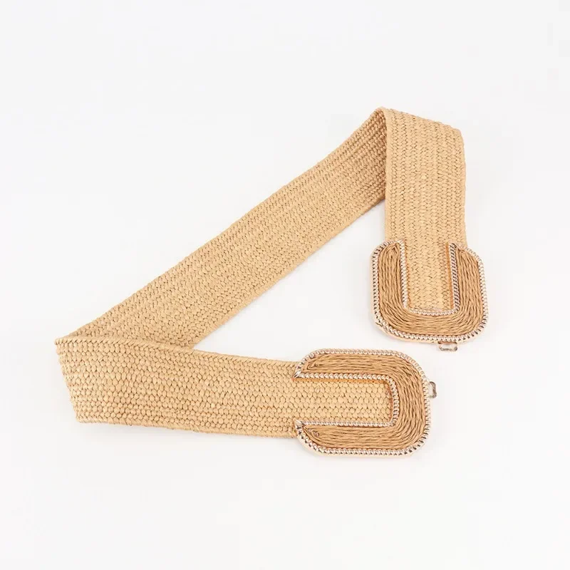 Fashion Stretch Alloy Buckle PP Grass Braided Belt All-match Elastic Waist Seal Multicolor Decorative Dress Belt for Women