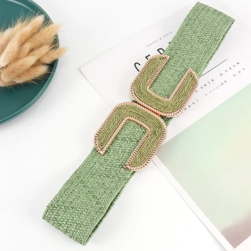 Fashion Stretch Alloy Buckle PP Grass Braided Belt All-match Elastic Waist Seal Multicolor Decorative Dress Belt for Women