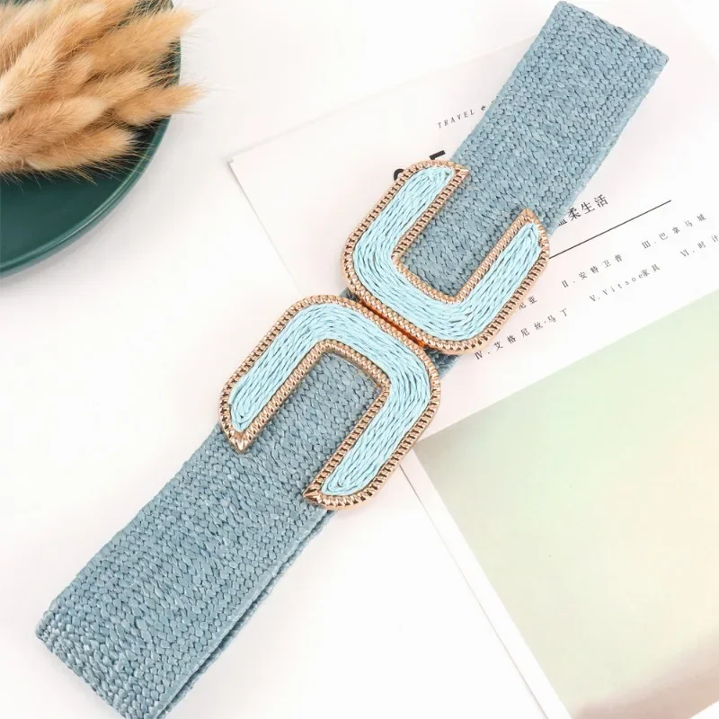 Fashion Stretch Alloy Buckle PP Grass Braided Belt All-match Elastic Waist Seal Multicolor Decorative Dress Belt for Women
