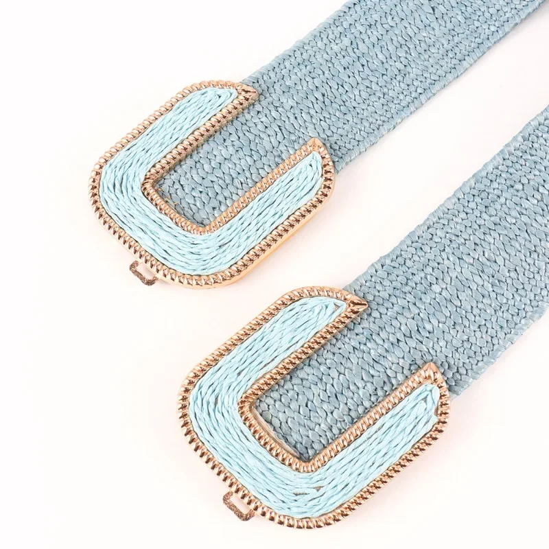 Fashion Stretch Alloy Buckle PP Grass Braided Belt All-match Elastic Waist Seal Multicolor Decorative Dress Belt for Women
