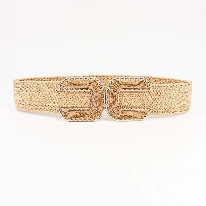 Fashion Stretch Alloy Buckle PP Grass Braided Belt All-match Elastic Waist Seal Multicolor Decorative Dress Belt for Women