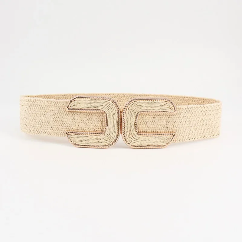 Fashion Stretch Alloy Buckle PP Grass Braided Belt All-match Elastic Waist Seal Multicolor Decorative Dress Belt for Women