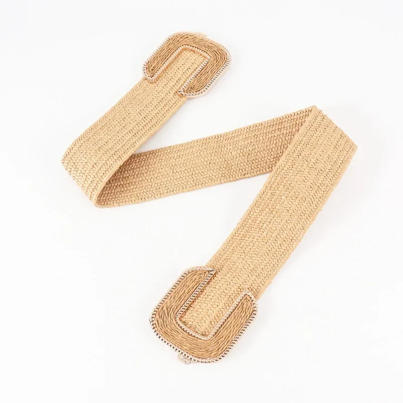 Fashion Stretch Alloy Buckle PP Grass Braided Belt All-match Elastic Waist Seal Multicolor Decorative Dress Belt for Women