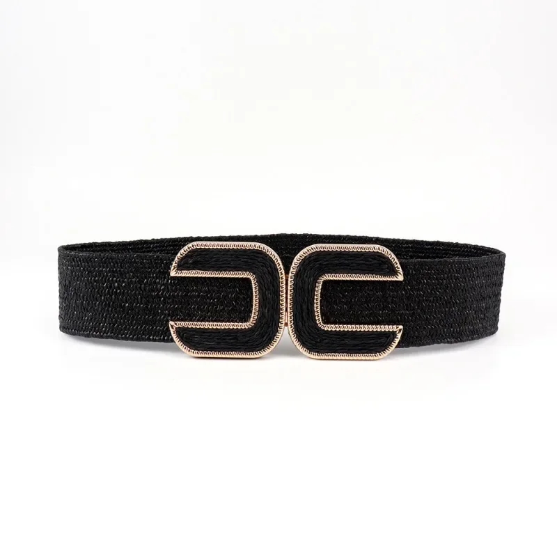 Fashion Stretch Alloy Buckle PP Grass Braided Belt All-match Elastic Waist Seal Multicolor Decorative Dress Belt for Women