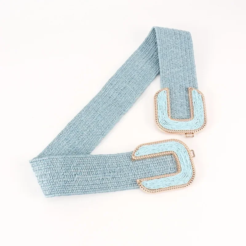 Fashion Stretch Alloy Buckle PP Grass Braided Belt All-match Elastic Waist Seal Multicolor Decorative Dress Belt for Women