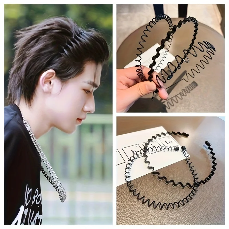 9pcs Men's Invisible Anti-Slip Sports Hair Hoops - Simple Black Wave Design. Unisex Wash Face Headbands with Non-Slip Grip