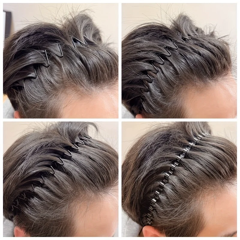 9pcs Men's Invisible Anti-Slip Sports Hair Hoops - Simple Black Wave Design. Unisex Wash Face Headbands with Non-Slip Grip