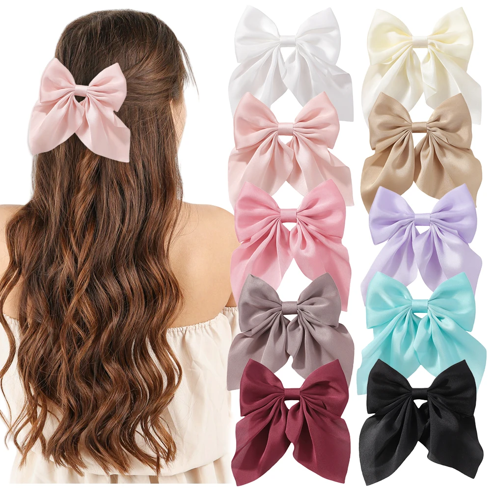 LOVEKIKI 4.9inch Elegant Hair Bows Hair Clip for Womens Fashion Ponytail Hairgripes Girls Solid Color Satin Butterfly Barrettes