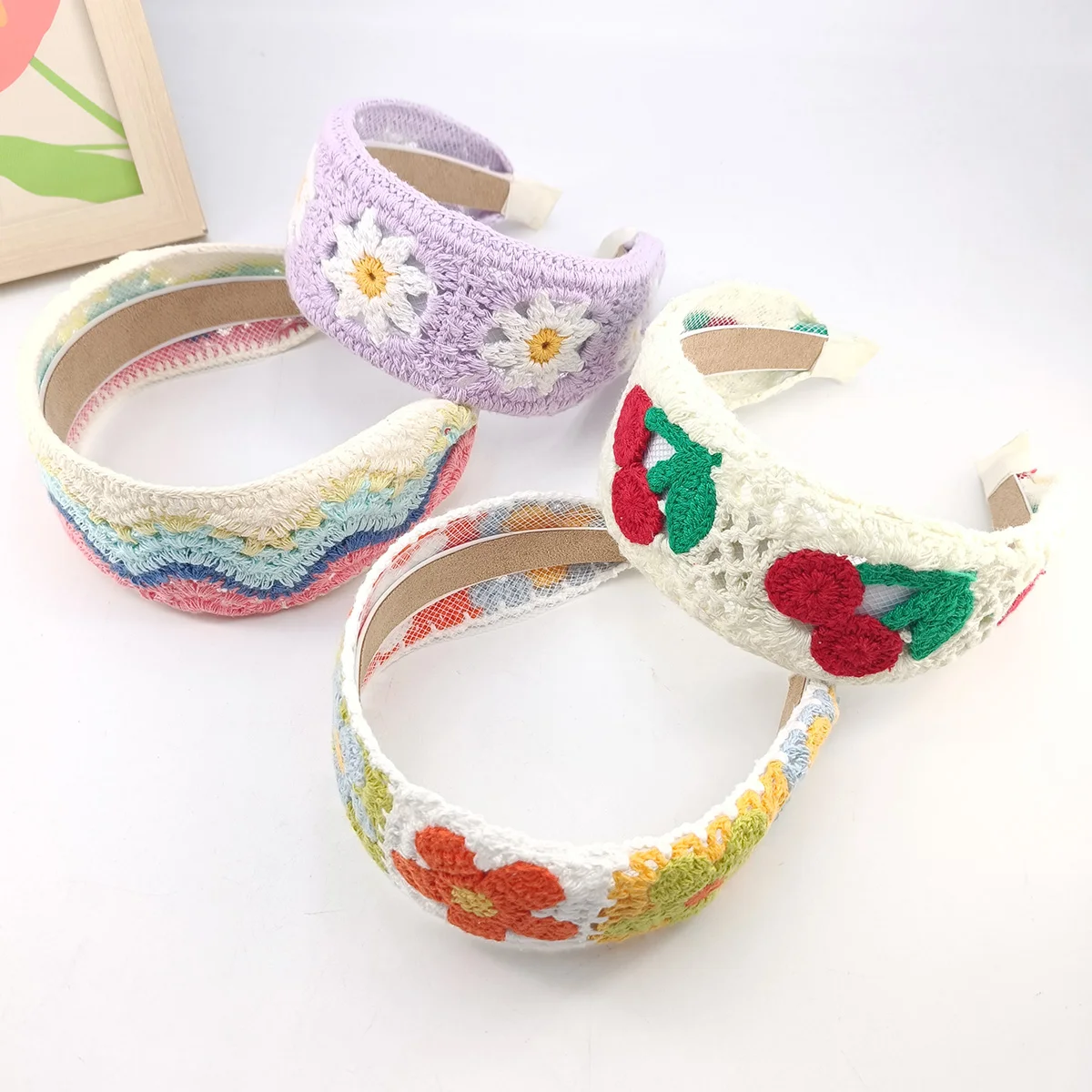 Sweet Flower Embroidery Girl Hair Hoops Colorful Knit Woolen Wide Hairband for Girl Headwear Women Hair Accessories