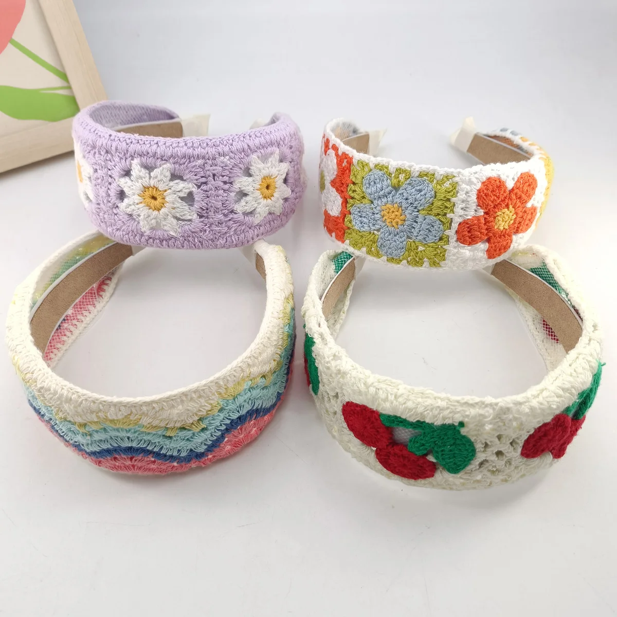 Sweet Flower Embroidery Girl Hair Hoops Colorful Knit Woolen Wide Hairband for Girl Headwear Women Hair Accessories