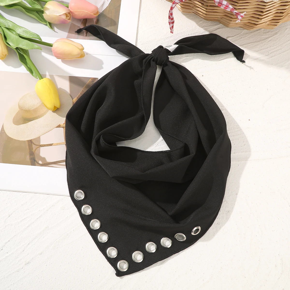 Bohemia Metal Hollow Eyes Triangle Scarf Thin Breathable Headband Solid Color Turban Retro Hairbands For Women Hair Accessories