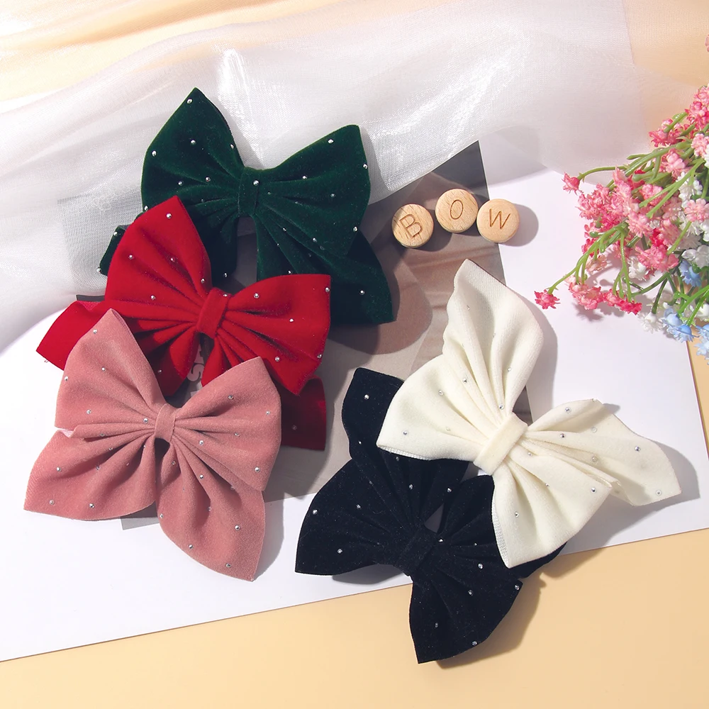 2PCS/Set Elegant Velvet Embellished With Diamonds Bow Hair Clip Girls Without Damaging Hair Safe Hair Accessory Kids Gift