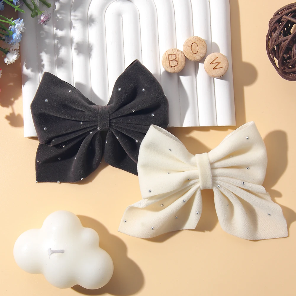 2PCS/Set Elegant Velvet Embellished With Diamonds Bow Hair Clip Girls Without Damaging Hair Safe Hair Accessory Kids Gift