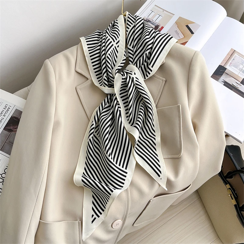 Fashion Luxury Women Triangle Twill Silk Scarf Stripe Print Designer Long Ribbon Scarves Neckerchief