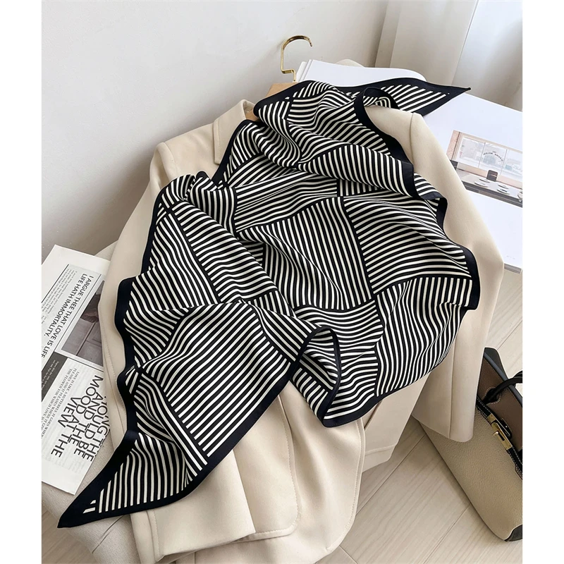 Fashion Luxury Women Triangle Twill Silk Scarf Stripe Print Designer Long Ribbon Scarves Neckerchief