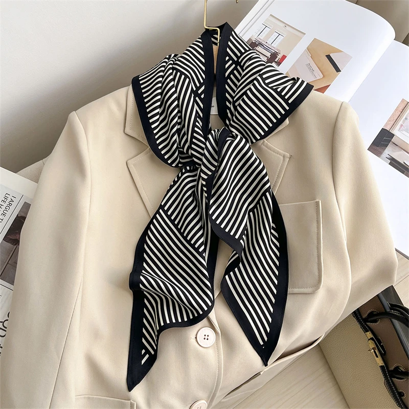 Fashion Luxury Women Triangle Twill Silk Scarf Stripe Print Designer Long Ribbon Scarves Neckerchief