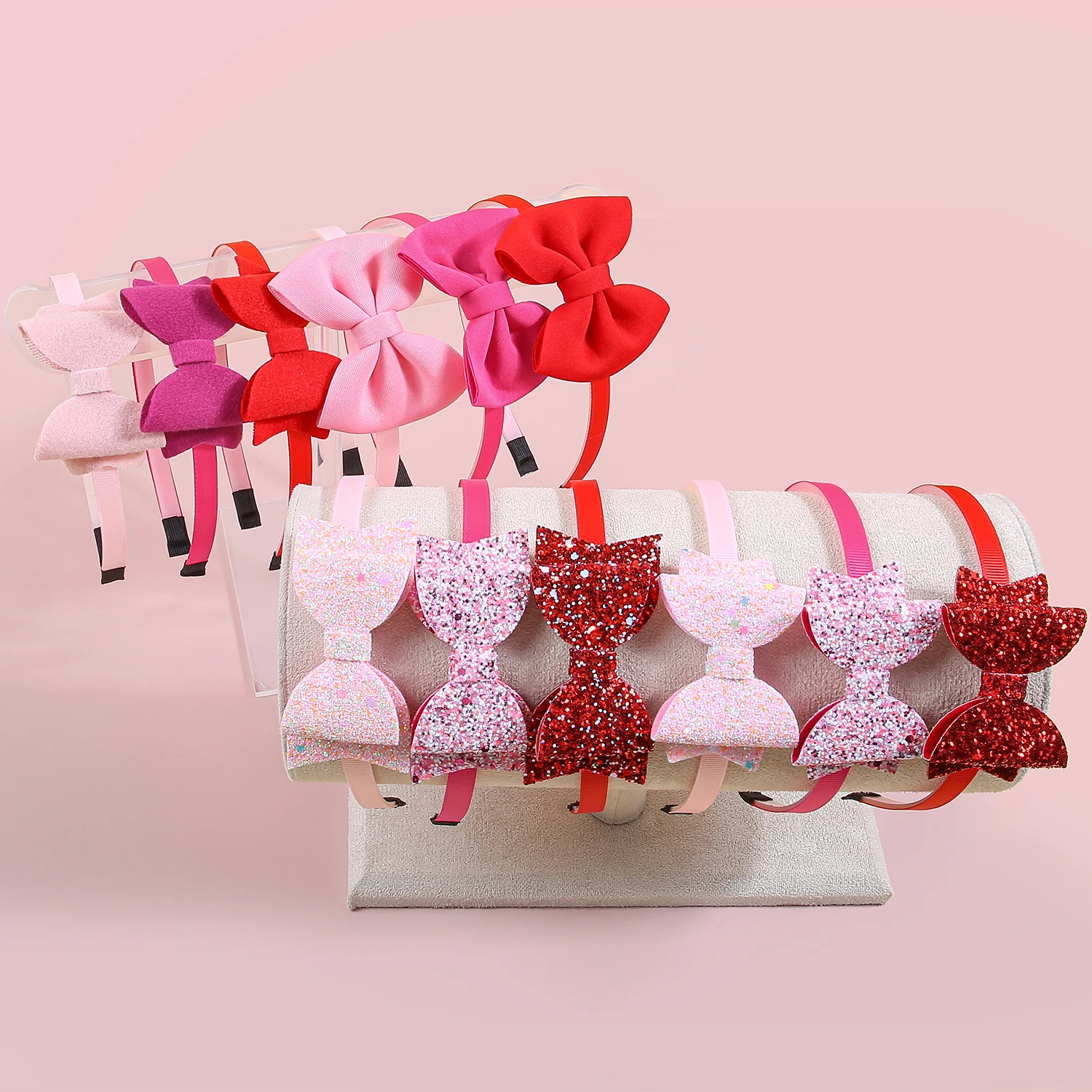3pcs Valentine's Day Headbands for Girls Pink Red Glitter Hair Bows Hairbands for Kids Valentine's Day Party Hair Accessories