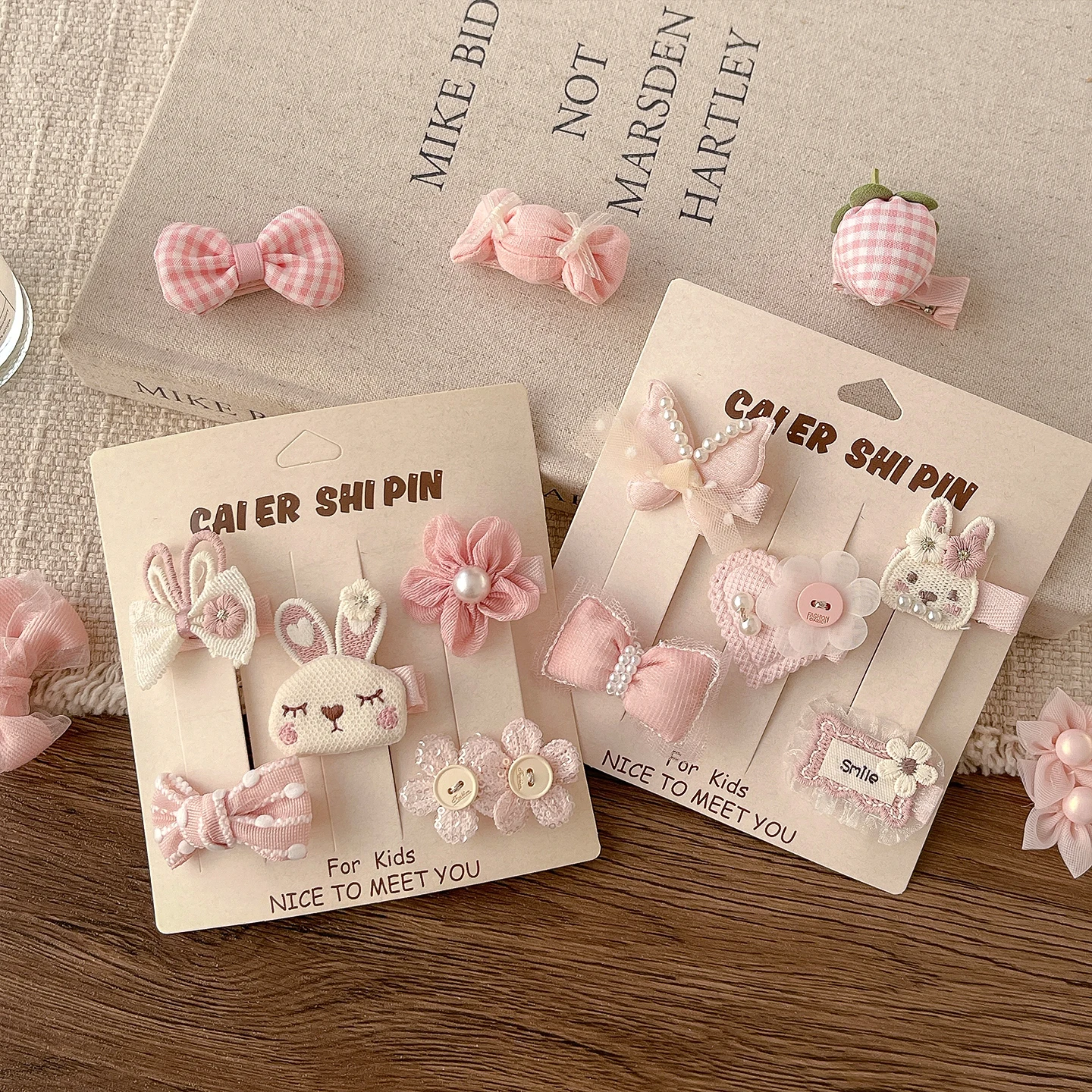 2026 New Sweet Pink Princess Kids Hair Clips Set No Hurt Hair Full Wrapped Cute Rabbit Bow Flower Pearl Baby Hair Barrettes