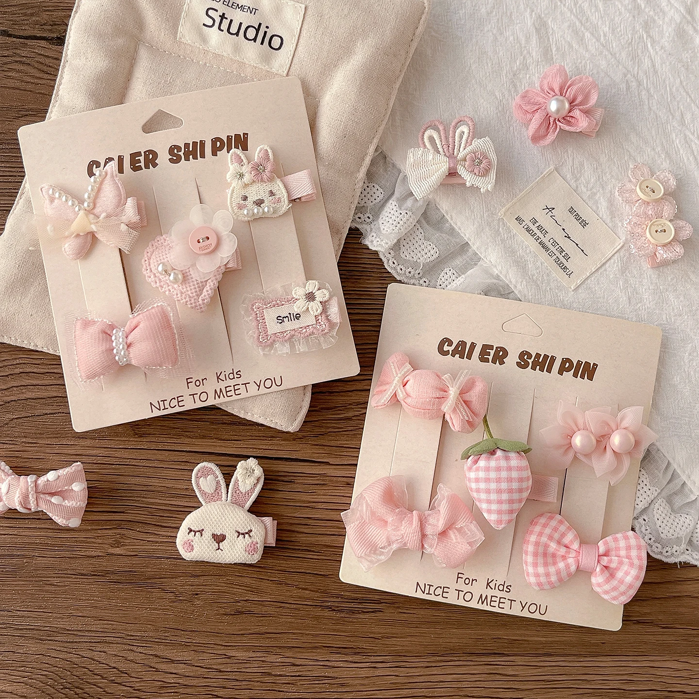 2026 New Sweet Pink Princess Kids Hair Clips Set No Hurt Hair Full Wrapped Cute Rabbit Bow Flower Pearl Baby Hair Barrettes