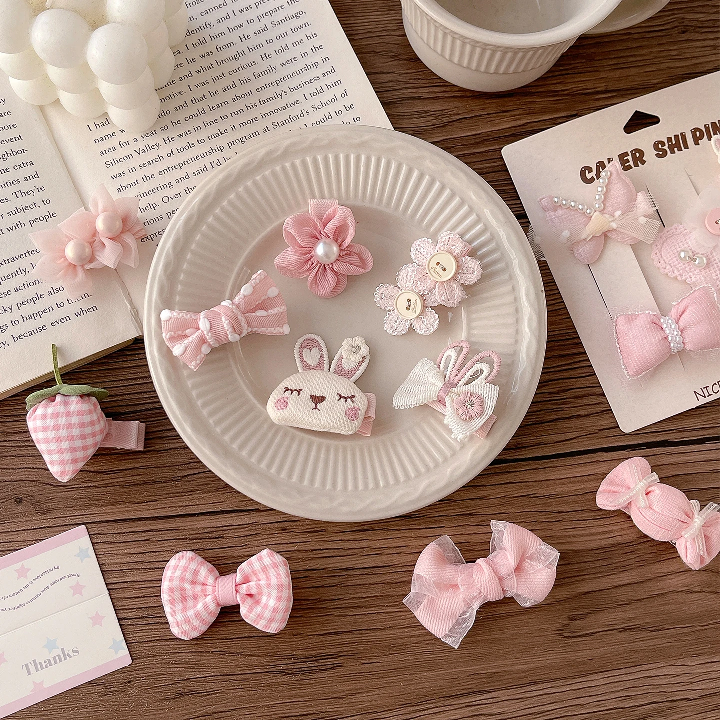 2026 New Sweet Pink Princess Kids Hair Clips Set No Hurt Hair Full Wrapped Cute Rabbit Bow Flower Pearl Baby Hair Barrettes
