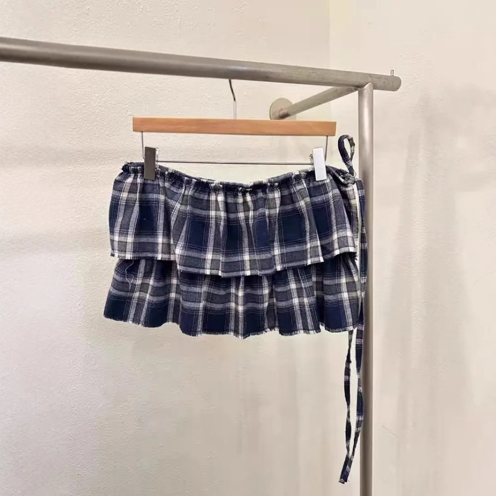 Hip-hop Layer Outfits Plaid Skirt Sweet Y2K Lace Up Hip Scarf Shirt Extender Korean Style Ruffled Edge Waistband Jeans Decor