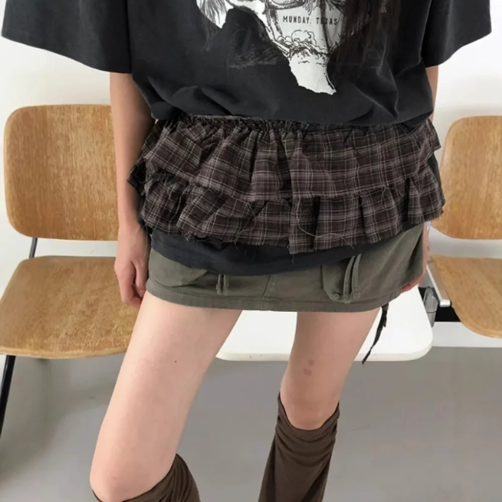 Hip-hop Layer Outfits Plaid Skirt Sweet Y2K Lace Up Hip Scarf Shirt Extender Korean Style Ruffled Edge Waistband Jeans Decor