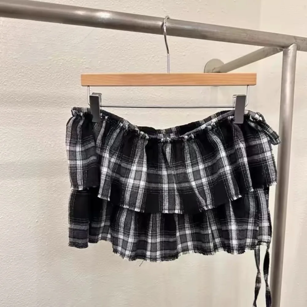 Hip-hop Layer Outfits Plaid Skirt Sweet Y2K Lace Up Hip Scarf Shirt Extender Korean Style Ruffled Edge Waistband Jeans Decor
