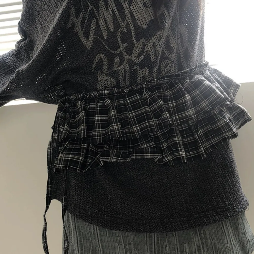 Hip-hop Layer Outfits Plaid Skirt Sweet Y2K Lace Up Hip Scarf Shirt Extender Korean Style Ruffled Edge Waistband Jeans Decor