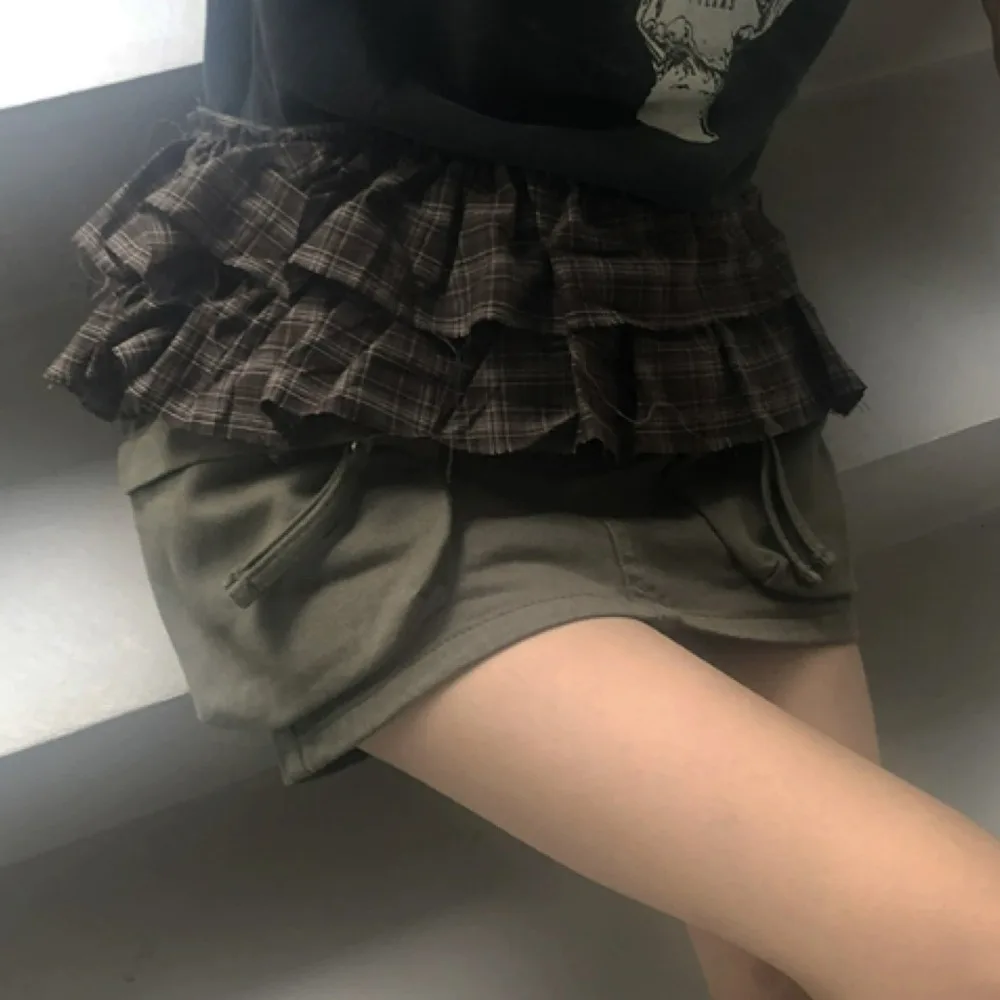 Hip-hop Layer Outfits Plaid Skirt Sweet Y2K Lace Up Hip Scarf Shirt Extender Korean Style Ruffled Edge Waistband Jeans Decor