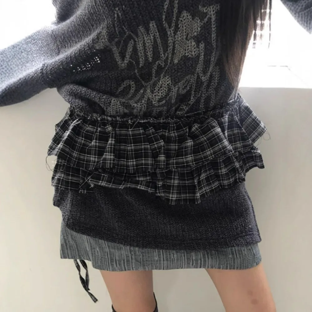 Hip-hop Layer Outfits Plaid Skirt Sweet Y2K Lace Up Hip Scarf Shirt Extender Korean Style Ruffled Edge Waistband Jeans Decor