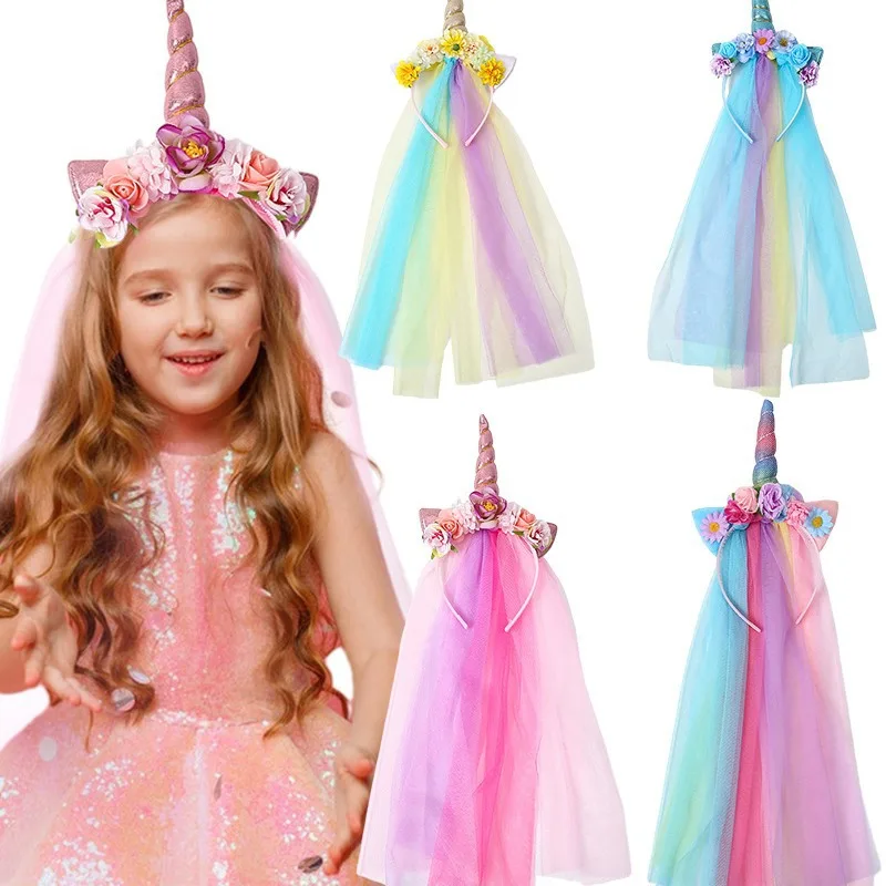 Children's Unicorn Mesh Headband Kids Accessory Hair Wear Hoop Colorful Lovely Headdress Fashion Party Hairwear