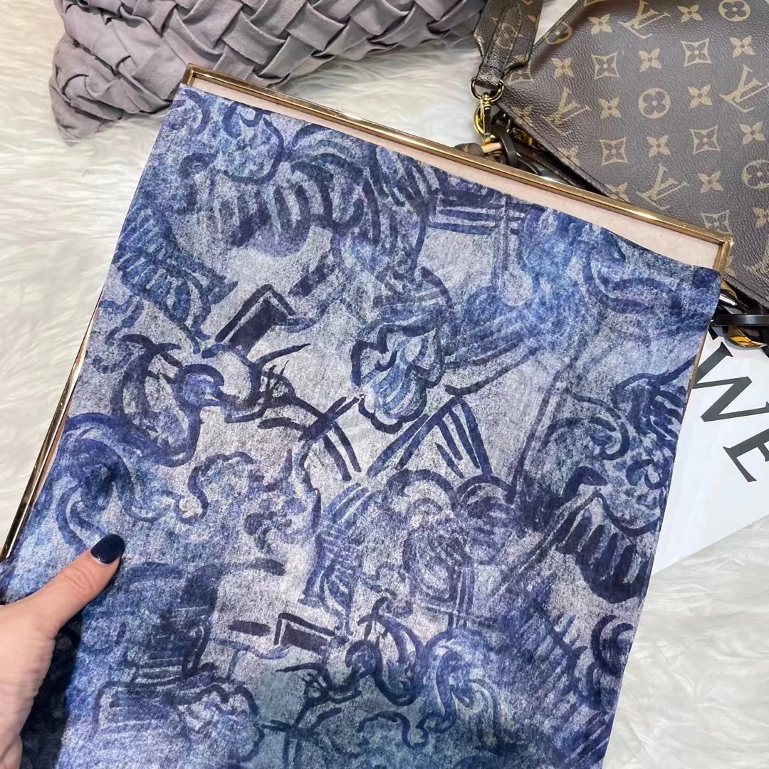 White Blue Women 100% Mulberry Silk Scarf Elegant Floral Design Long Silk Scarf Cape Summer Beach Silk Shawl Wrap Hijab Scarf