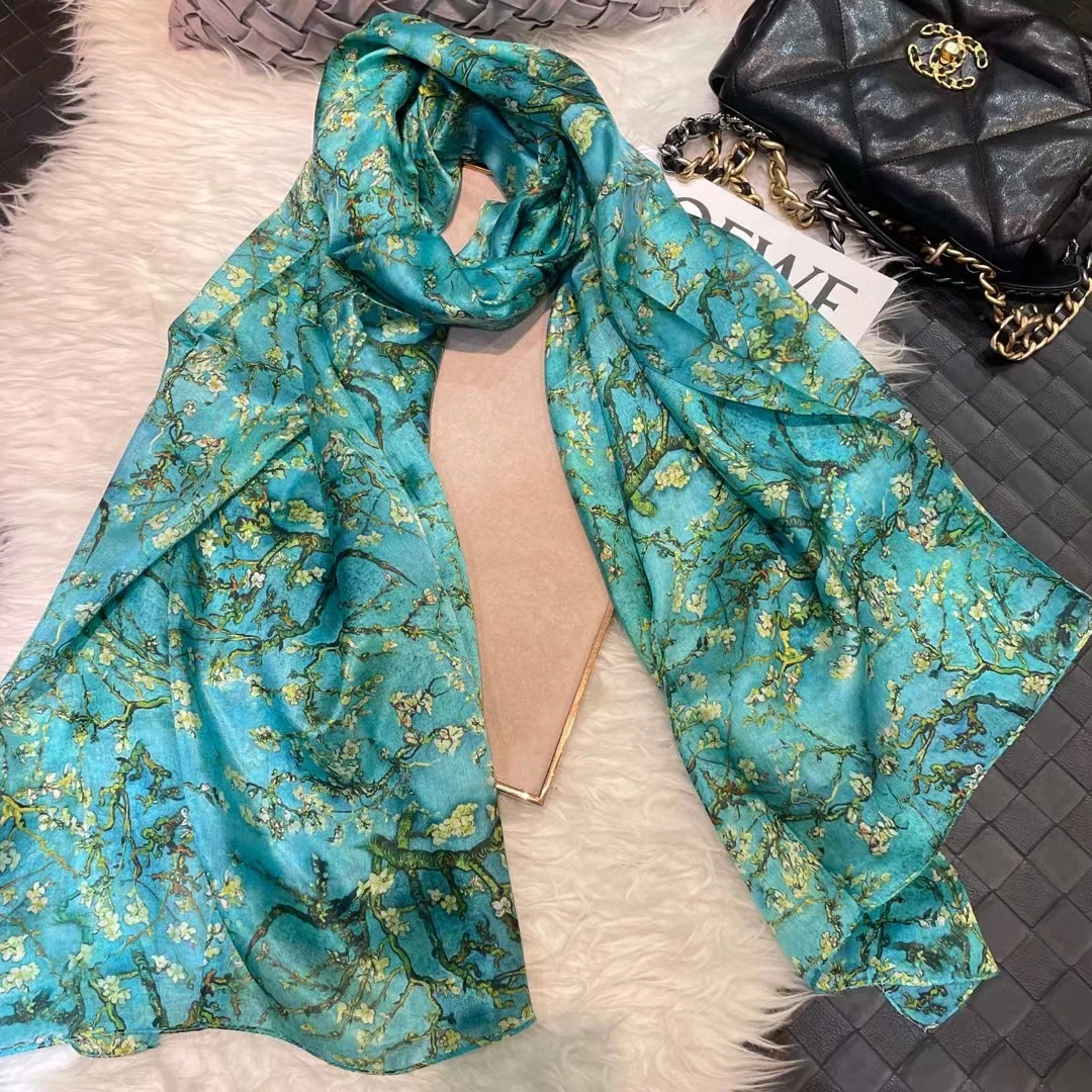 White Blue Women 100% Mulberry Silk Scarf Elegant Floral Design Long Silk Scarf Cape Summer Beach Silk Shawl Wrap Hijab Scarf
