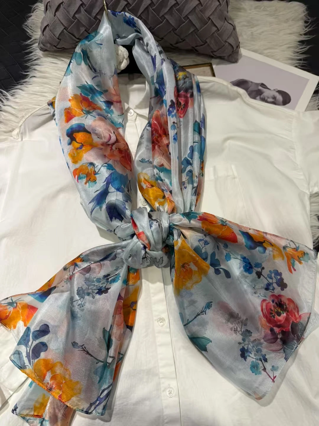 White Blue Women 100% Mulberry Silk Scarf Elegant Floral Design Long Silk Scarf Cape Summer Beach Silk Shawl Wrap Hijab Scarf