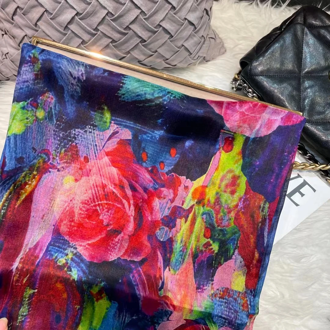 White Blue Women 100% Mulberry Silk Scarf Elegant Floral Design Long Silk Scarf Cape Summer Beach Silk Shawl Wrap Hijab Scarf
