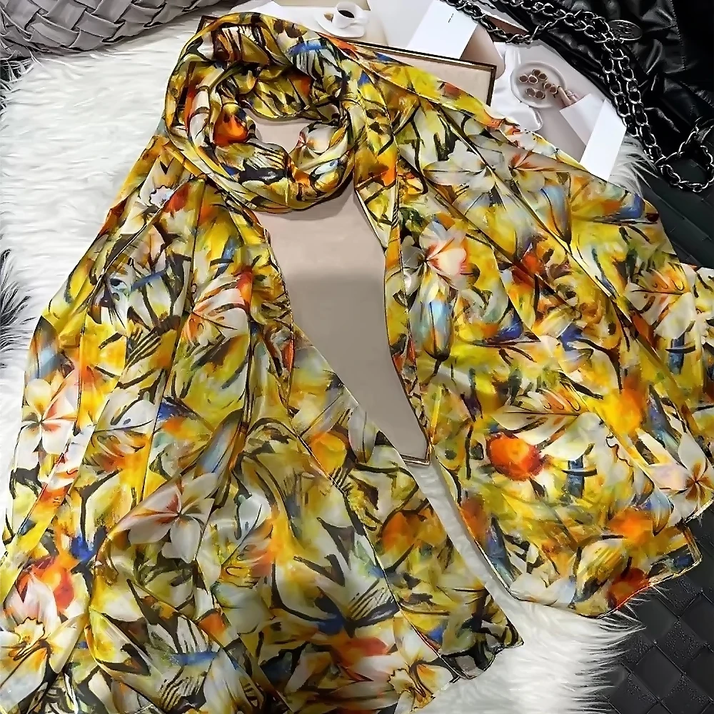 White Blue Women 100% Mulberry Silk Scarf Elegant Floral Design Long Silk Scarf Cape Summer Beach Silk Shawl Wrap Hijab Scarf