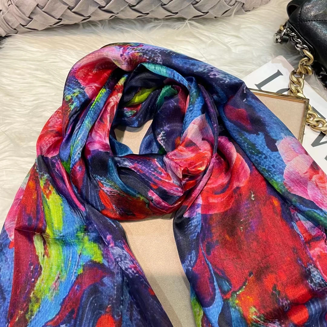White Blue Women 100% Mulberry Silk Scarf Elegant Floral Design Long Silk Scarf Cape Summer Beach Silk Shawl Wrap Hijab Scarf