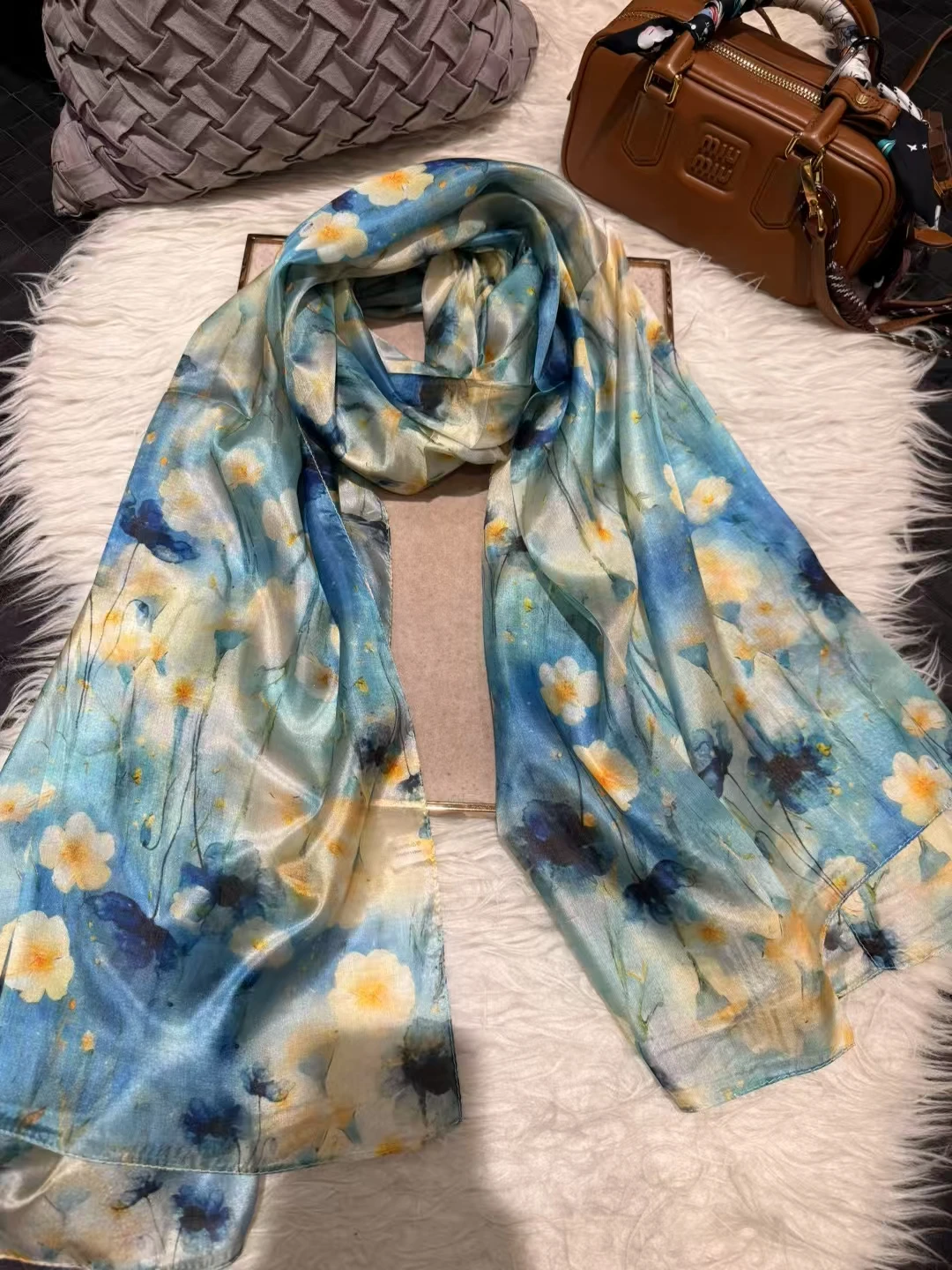 White Blue Women 100% Mulberry Silk Scarf Elegant Floral Design Long Silk Scarf Cape Summer Beach Silk Shawl Wrap Hijab Scarf