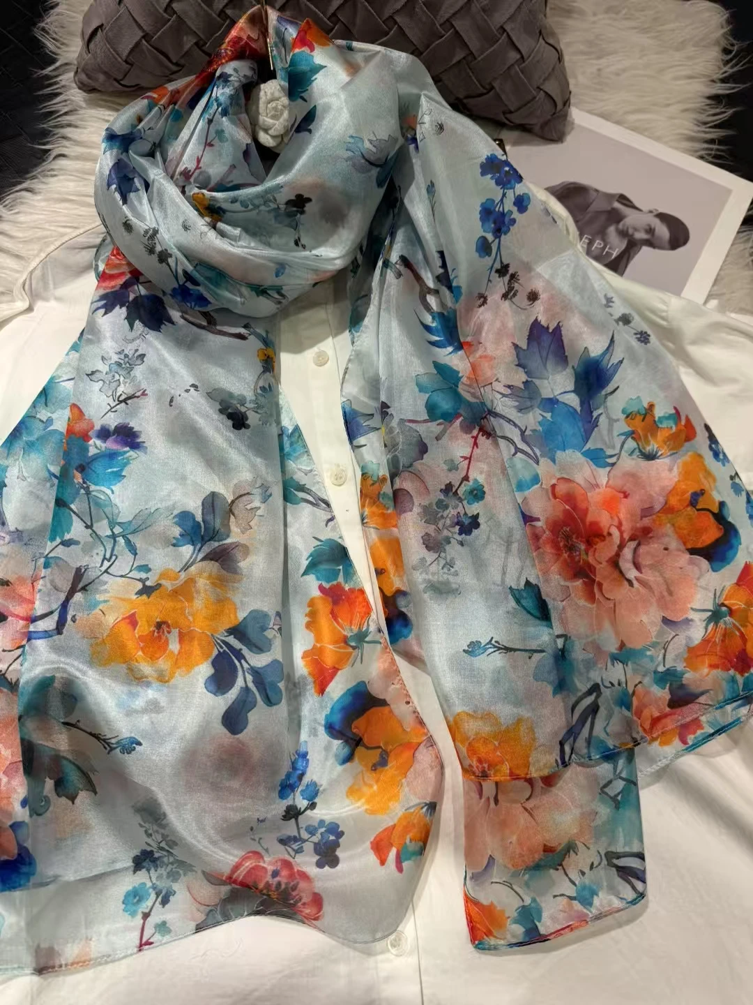 White Blue Women 100% Mulberry Silk Scarf Elegant Floral Design Long Silk Scarf Cape Summer Beach Silk Shawl Wrap Hijab Scarf