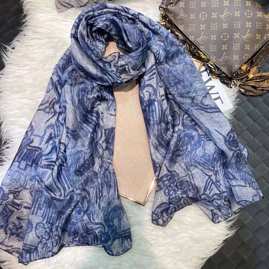 White Blue Women 100% Mulberry Silk Scarf Elegant Floral Design Long Silk Scarf Cape Summer Beach Silk Shawl Wrap Hijab Scarf