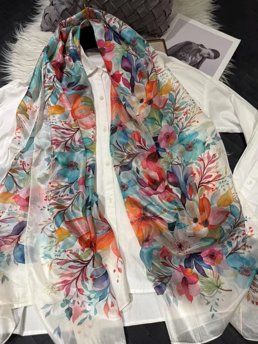 White Blue Women 100% Mulberry Silk Scarf Elegant Floral Design Long Silk Scarf Cape Summer Beach Silk Shawl Wrap Hijab Scarf