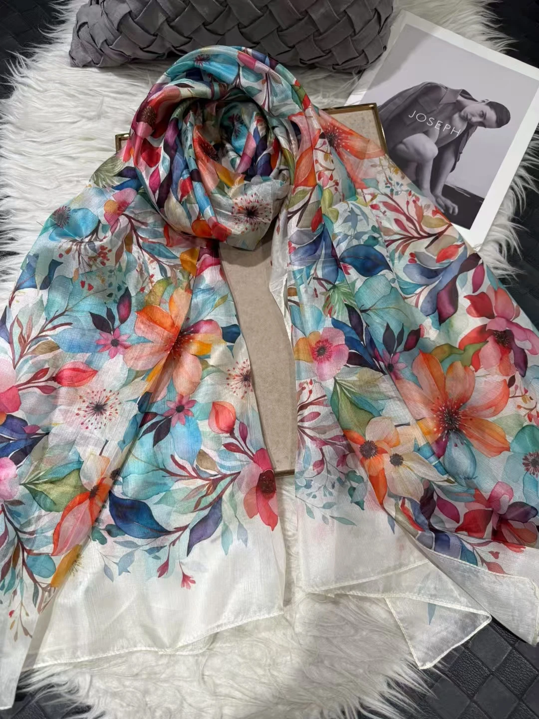 White Blue Women 100% Mulberry Silk Scarf Elegant Floral Design Long Silk Scarf Cape Summer Beach Silk Shawl Wrap Hijab Scarf