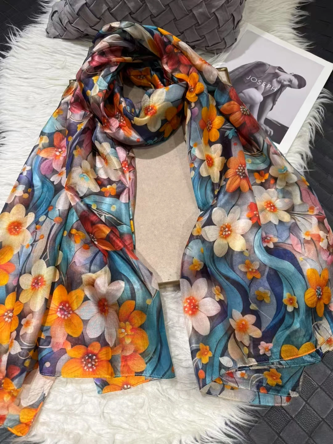 White Blue Women 100% Mulberry Silk Scarf Elegant Floral Design Long Silk Scarf Cape Summer Beach Silk Shawl Wrap Hijab Scarf